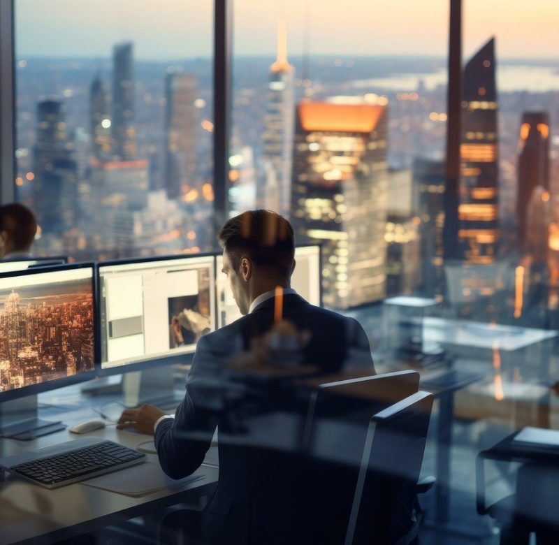 City manager at work monitoring city services against a backdrop of the city